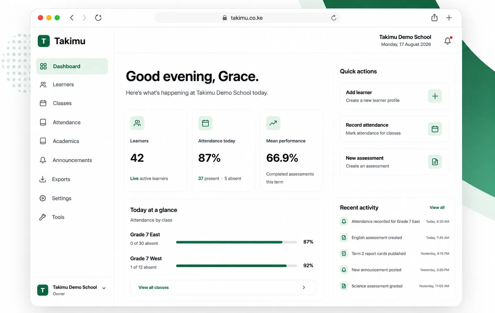 Takimu academic dashboard showing learners, attendance and academic performance