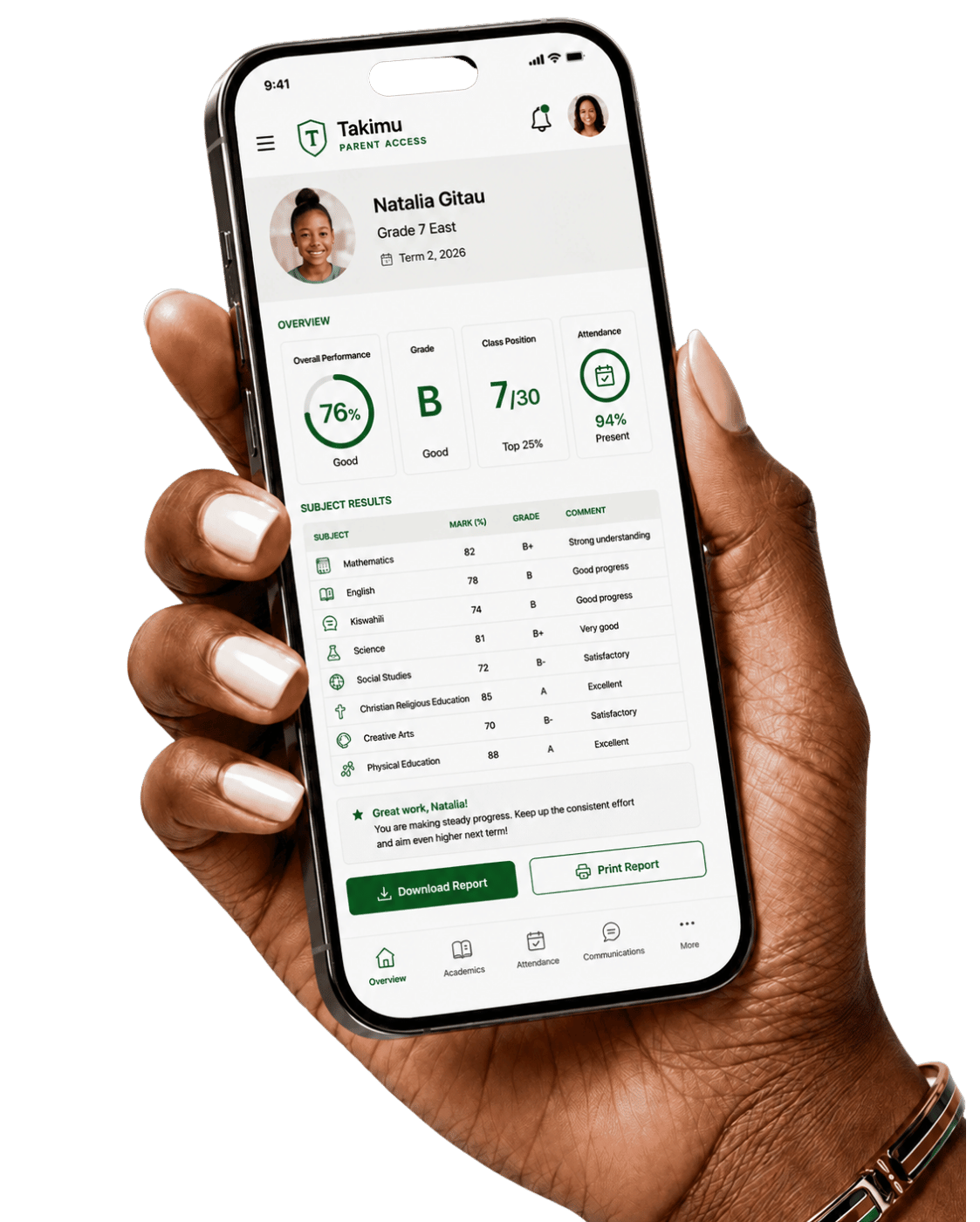 Takimu parent portal displayed in a modern smartphone mockup